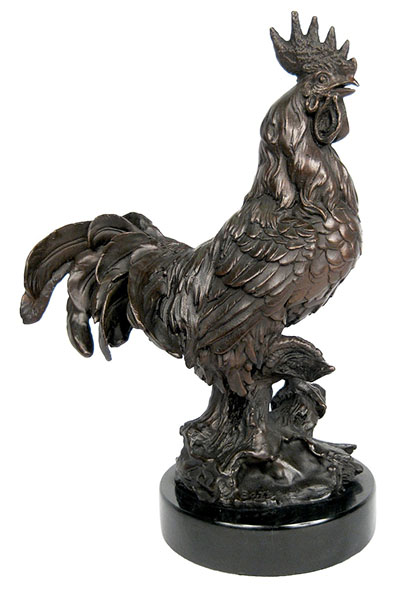 Rooster Bronze Sculpture On Marble Base